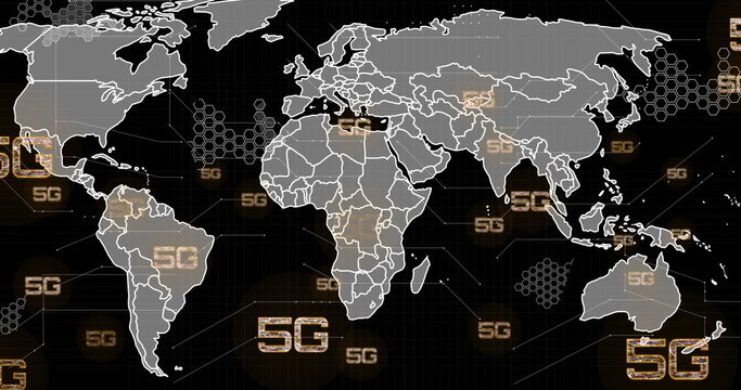 Image of 5g text, digital data processing and world map over black background