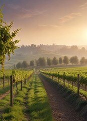 Naklejka premium Misty dawn over a rolling vineyard near Vienna with early morning light, vineyard, grass, vienna