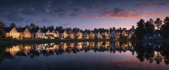 Peaceful lake with a row of houses on the opposite shore, reflected in calm water under a star-filled sky at dusk , lake, tranquil, sunset
