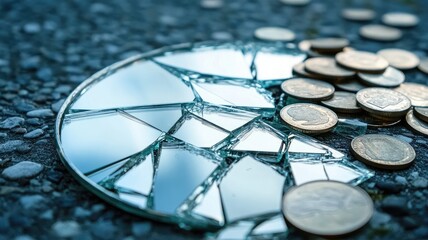 Shattered mirror surrounded by scattered coins on gravel ground