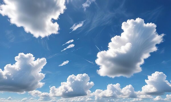 Bright white cloudlets against a blue sky with scattered cirrus, wind shear, turbulence, airy