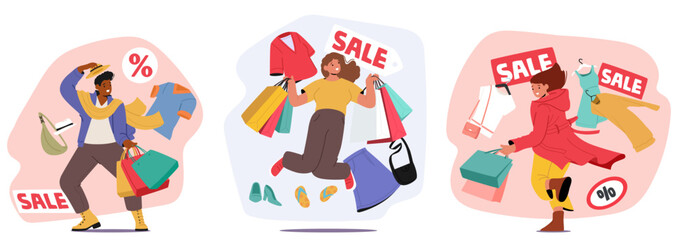 Young people crazy shopaholic cartoon characters rejoicing seasonal sale at clothing boutique store