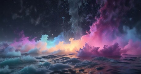 Fototapeta premium Iridescent mist floating above a sea of swirling colored particles, landscape, sea, iridescent