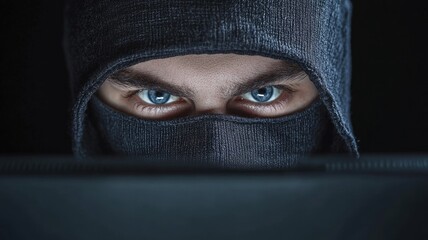 Naklejka premium Man with intense eyes in dark clothing staring over computer screen