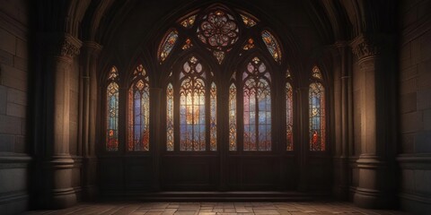 Obraz premium richly detailed gothic entranceway with stained glass windows and soft luminescent glow, richly, stained, glass