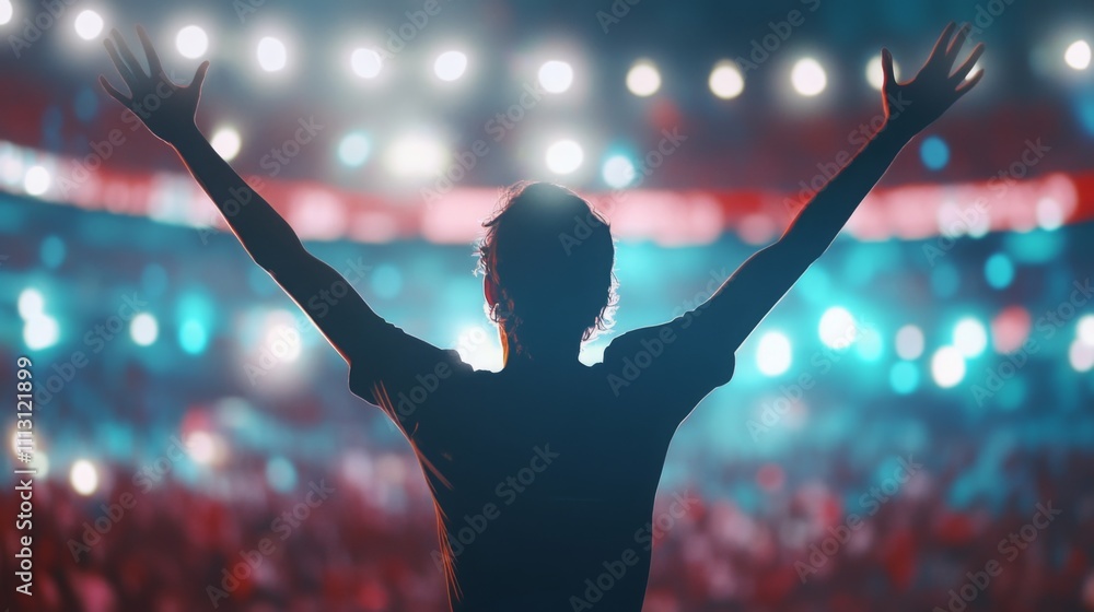 Poster a silhouetted figure stands with arms raised, cheering amidst a vibrant crowd at a concert. bright s