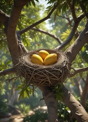 Bird's nest in a mango tree with feathers and twigs , foliage, nest