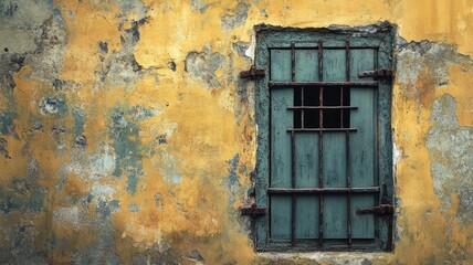 Weathered yellow wall with rusty barred window, texture and decay visible