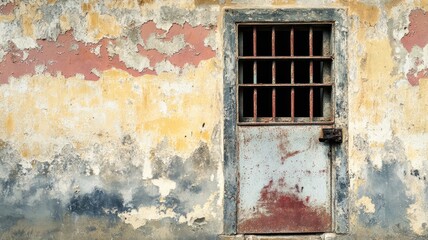 Rusty, worn-out metal door with chipped, peeling wall paint