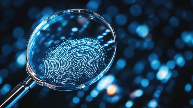 Magnifying glass enlarging fingerprint on blue bokeh background, symbolizing forensic investigation