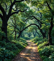 A narrow dirt path winding through the dense foliage of a mature oak forest, foliage, canopy, undergrowth