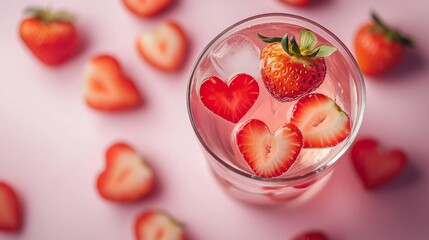 Fresh cocktail with heart-shaped strawberry slices surrounded by whole strawberries on pink background for valentine's day celebration