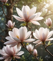 Obraz premium Soft petals of ethereal magnolia flowers unfolding in dewy morning light , soft, peaceful