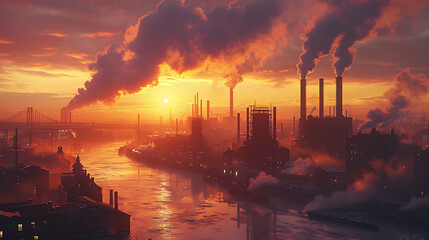 Fototapeta premium A Stunning Steampunk Cityscape at Sunrise Capturing the Industrial Aesthetic with Smokestacks, Reflections, and an Enchanting Golden Sky Over a River
