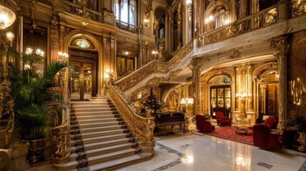 Obraz premium Opulent Baroque-style luxury hotel lobby, gilded details, grand staircase, marble floors, 