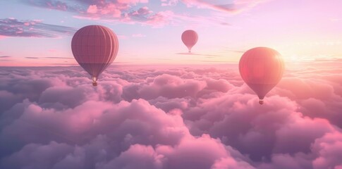 Obraz premium Colorful hot air balloons flying above fluffy clouds during a stunning pastel sunset, creating a serene and dreamy atmosphere. Adventure and travel concept.