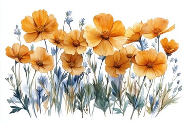 A vibrant watercolor illustration of orange flowers amidst green foliage.