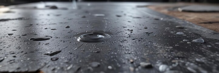 A single drop of water hits a large, flat granite slab , flat granite, single drop