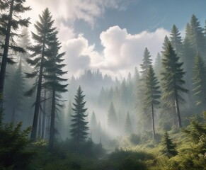 Clouds and fog shrouding a majestic forest with towering trees , landscape, trees