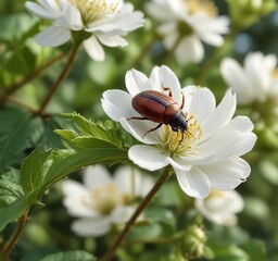 A small brown beetle on a single white petal of the rosehip bush, brown, fat, petal