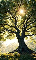 Fototapeta premium Tree with sprawling branches and lush foliage bathed in warm sunlight filtering through the leaves, branches, tree