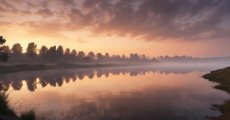 Fototapeta premium Misty Elbe River at sunset with fog rolling in , water reflections, outdoor scenes, elbe river germany