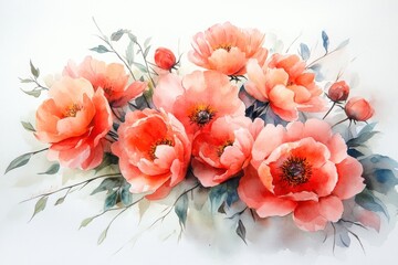 A vibrant watercolor painting of coral peonies with green leaves.