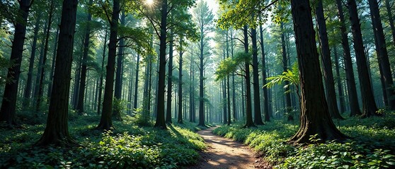 Winding path through a dense forest of tall trees and green undergrowth, ferns, forest, path