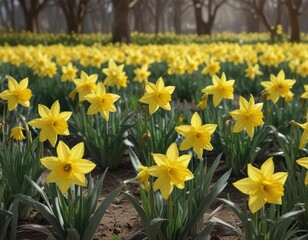 A field of bright yellow daffodils swaying gently in the breeze, , sunny day