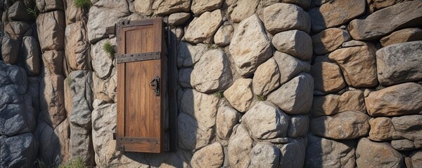 A wooden door hanging from a metal hinge on a rocky outcropping, weathered, desert landscape