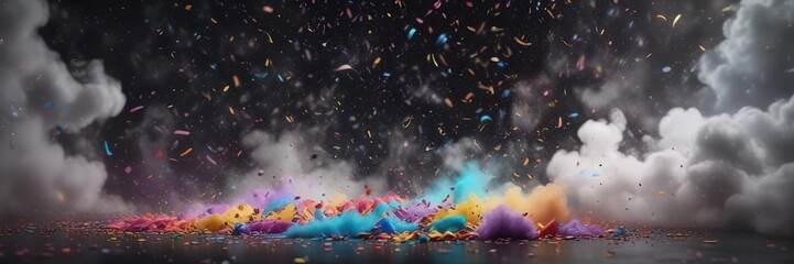 Fototapeta premium Colorful confetti scattered on a dark and mysterious background made up of swirling mist and foggy clouds, mysterious, eerie