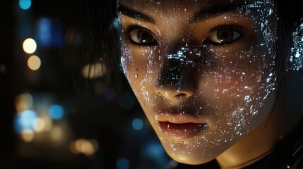 A close-up of a person with a digital, illuminated face in a futuristic setting.
