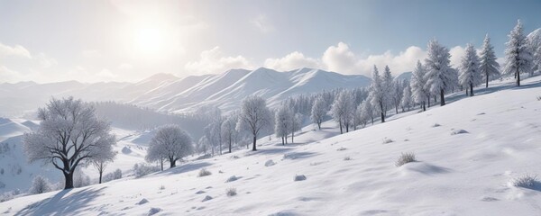 Pure white snow covering the rolling hills and trees, hills, nature, snow