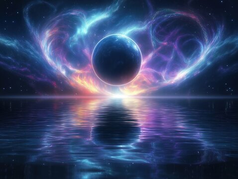 Amazing planet with colorful nebulos filaments reflected in calm water. Cosmic scene with bright colors. Nebulae filaments surround large planet. Vivid colors reflect in water. Sci-fi illustration.