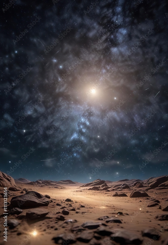 Wall mural astronomical background with sparkling stars and bokeh effect, deep space, dark blue
