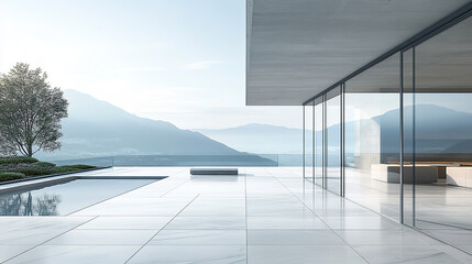 Obraz premium Modern minimalist architecture with glass windows overlooking the distant mountains