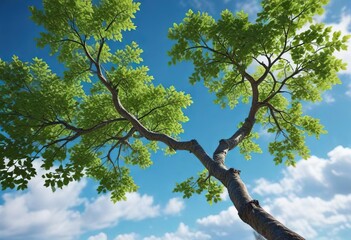 A sturdy tree branch, adorned with vibrant green leaves, stretches out against the brilliant blue of the sky, nature's essence, blue sky, rustic charm