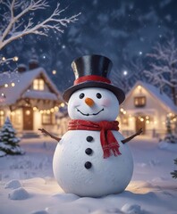 Snow-covered winter landscape with a snowman and festive lights, winter wonderland, serene landscape, snowman