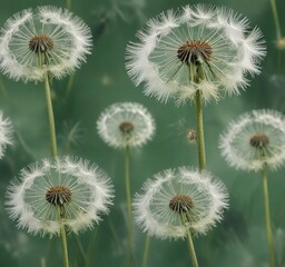 Obraz premium Soft and feathery texture of abstract dandelion flowers on a muted green background , MutedGreenBackground, WhimsicalGarden