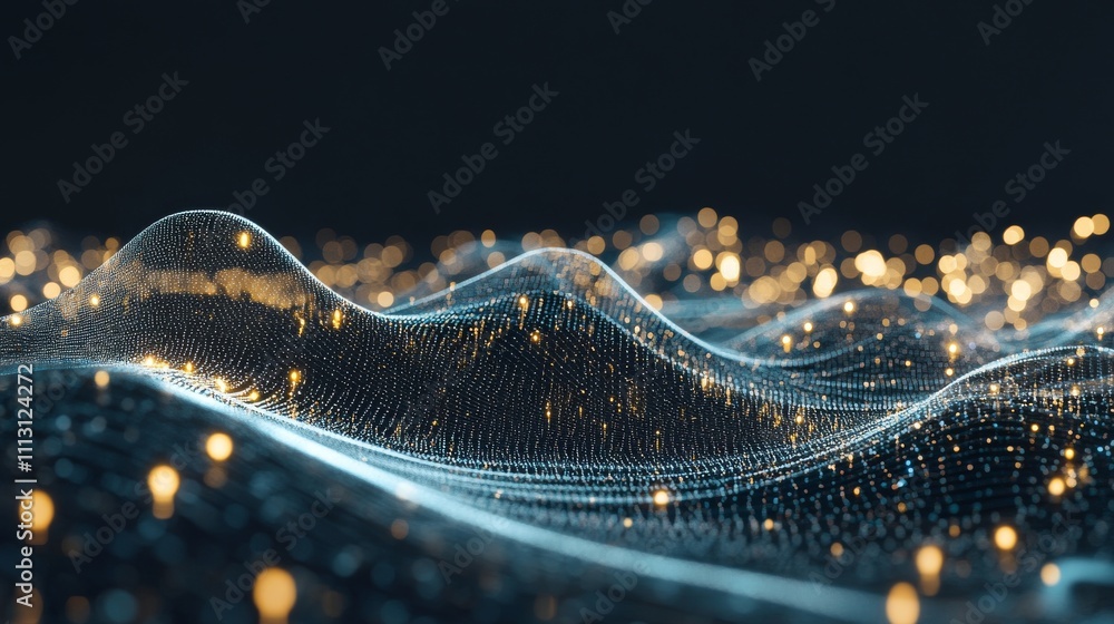 Poster abstract wave with glowing particles in motion.