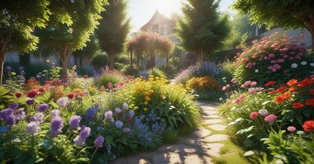Sunny day in a colorful garden with lush greenery and blooming flowers , flowers, greenery, garden