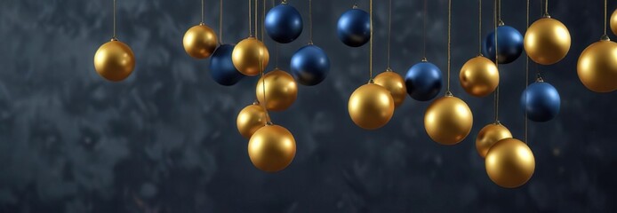 Colorful Balls Hanging in Blue and Gold on a Dark Blue Background, decorated tree, holiday decoration, ornamental balls