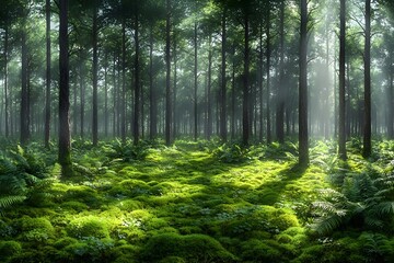 Obraz premium A tranquil forest scene featuring tall trees and lush green moss covering the forest floor, illuminated by soft rays of sunlight piercing through the canopy.