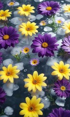 Fototapeta premium Purple and yellow summer flowers submerged in ice water, floral arrangement , ice