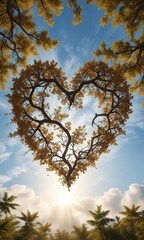 Obraz premium A tree's branches and leaves forming a heart shape in the sky, meadow, earthy