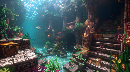 Stunning Underwater Scene Featuring Ancient Ruins Among Vibrant Coral With Abundant Treasure Chests Awaiting Discovery in a Rich Marine Environment