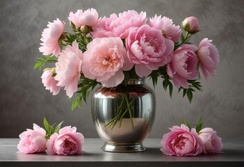 Delicate pink peonies in a beautifully crafted, mercury glass vase, antique charm, flower arrangement