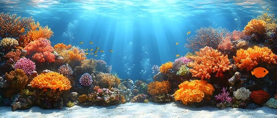 A vibrant underwater scene featuring a colorful coral reef bustling with life. Bright corals in various shapes and hues create a captivating aquatic landscape.