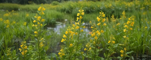 Bright yellow Partridge Peas Chamaecrista fasciculata flowers blooming in lush green wetland meadow, nature photography, wildflowers