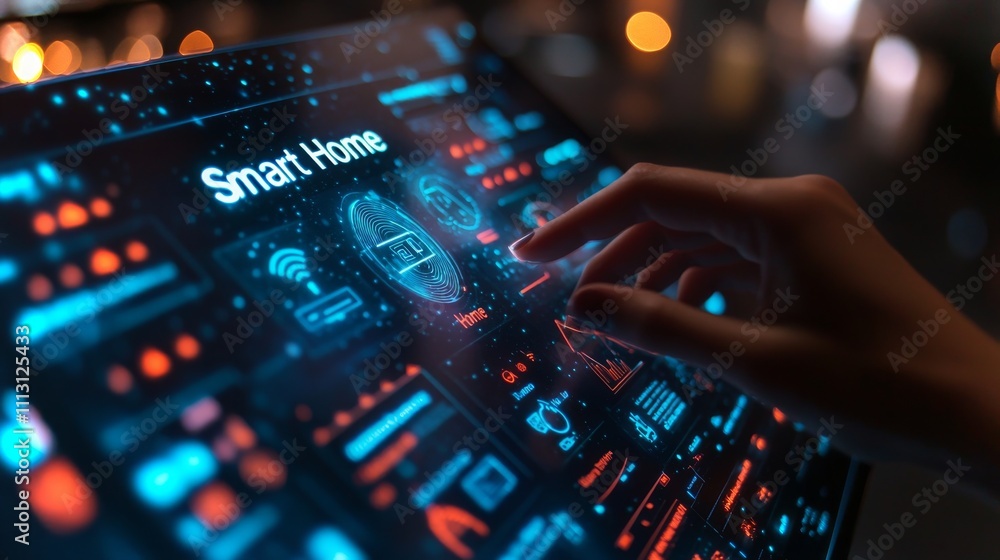 Aufkleber holographic smart home dashboard shows controls and analytics in the evening